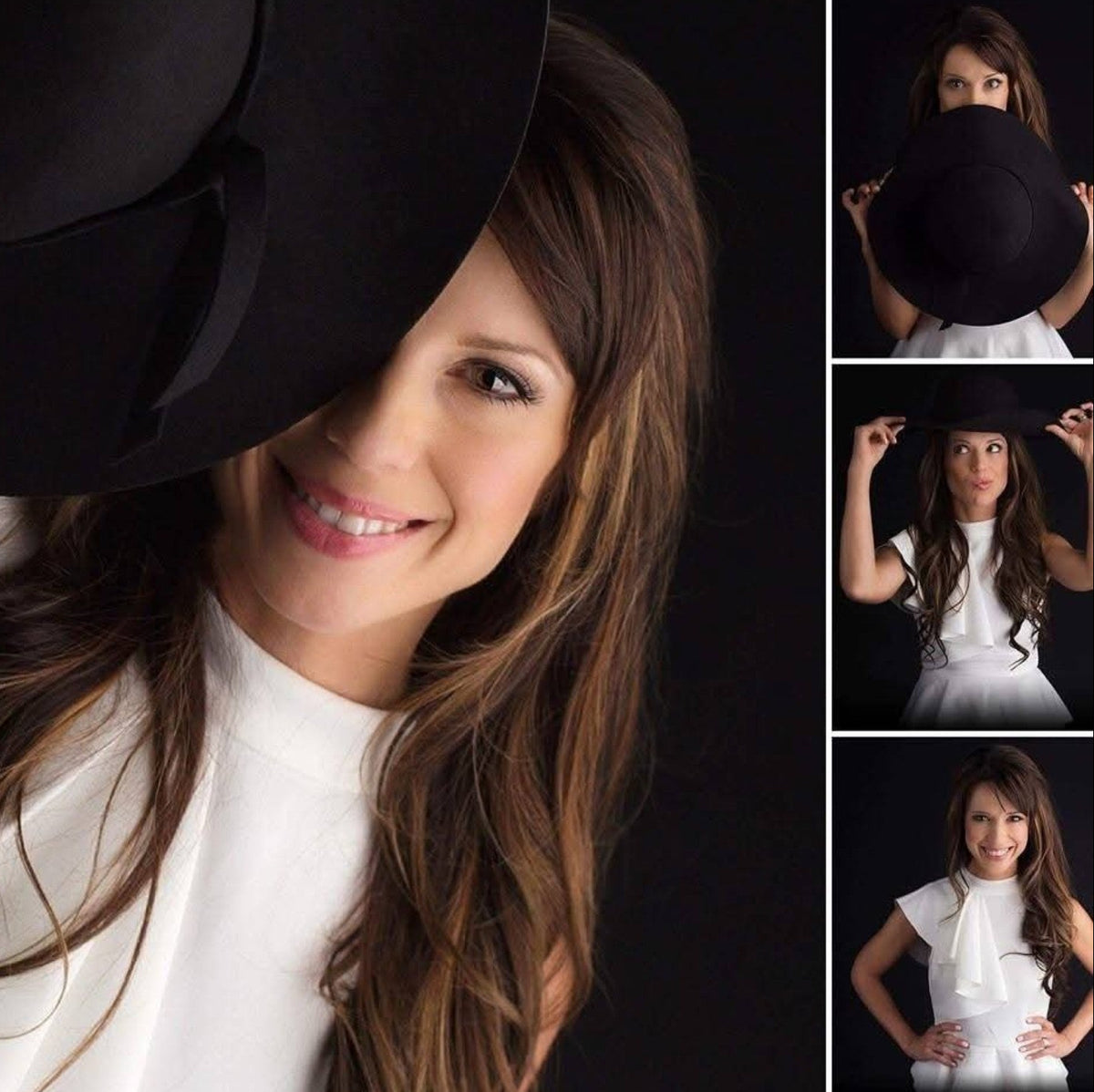 A collage of four photos showing a woman (Anna Triantafellou) modeling a large black wide-brim hat. The main panel shows her smiling while wearing the hat, which covers part of her face.